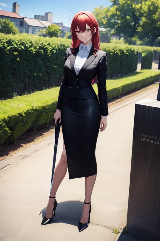 best quality, 1girl, angry business woman holding a steel sword, black business suit, black midi pencil skirt, black blazer, heels, looking at viewer, full body, long red hair, garden, stone wall