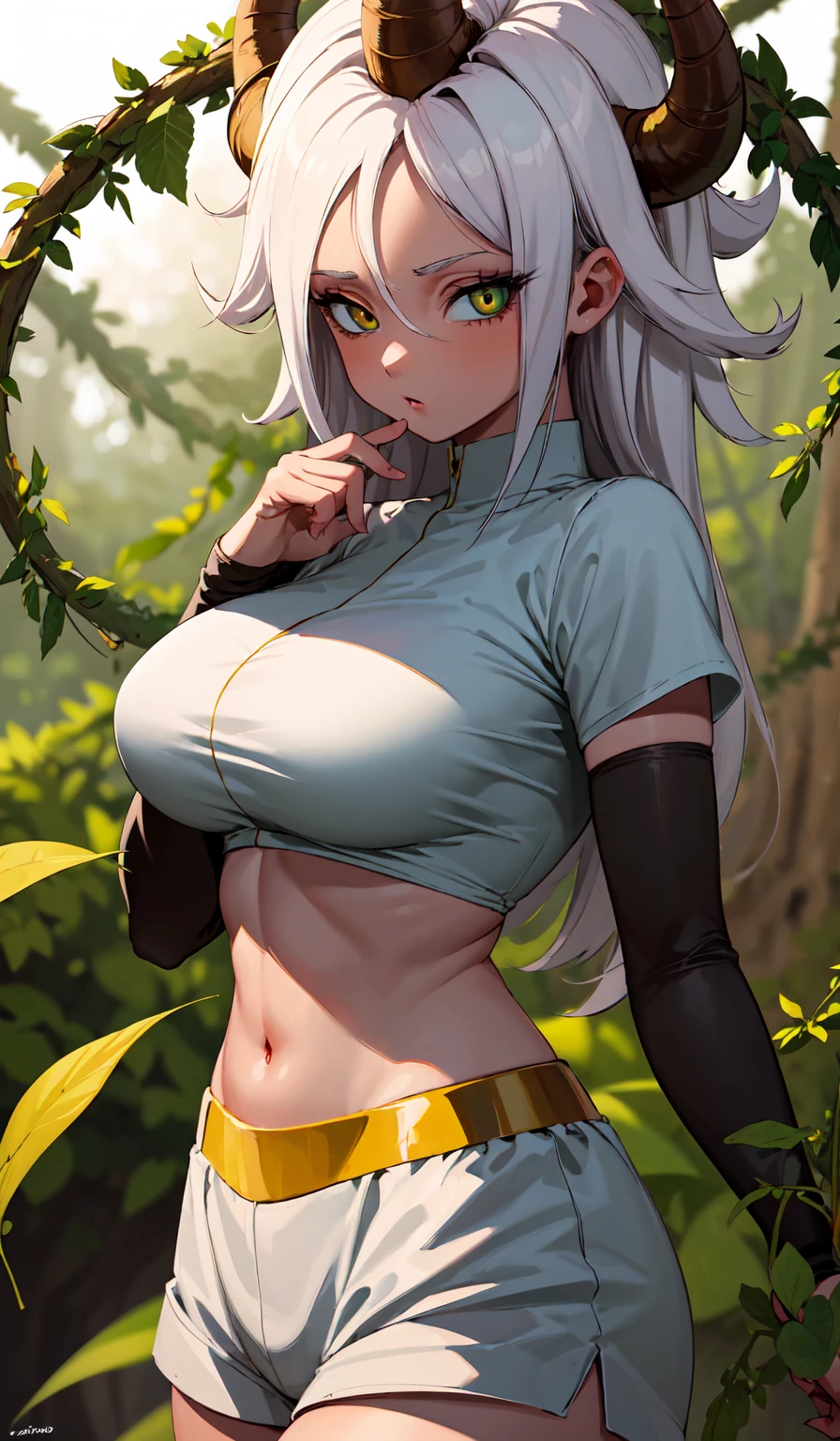 (Best quality,unparalleled masterpiece:1.4),Ultra-detailed 4K CG,(Ultra detailed clear absurdly bright mint big eyes:1.2),Yellow medieval summer girl, concept, vines on the hand and horns from the vines, full length, whole body, magic hunter, white shorts, SFV