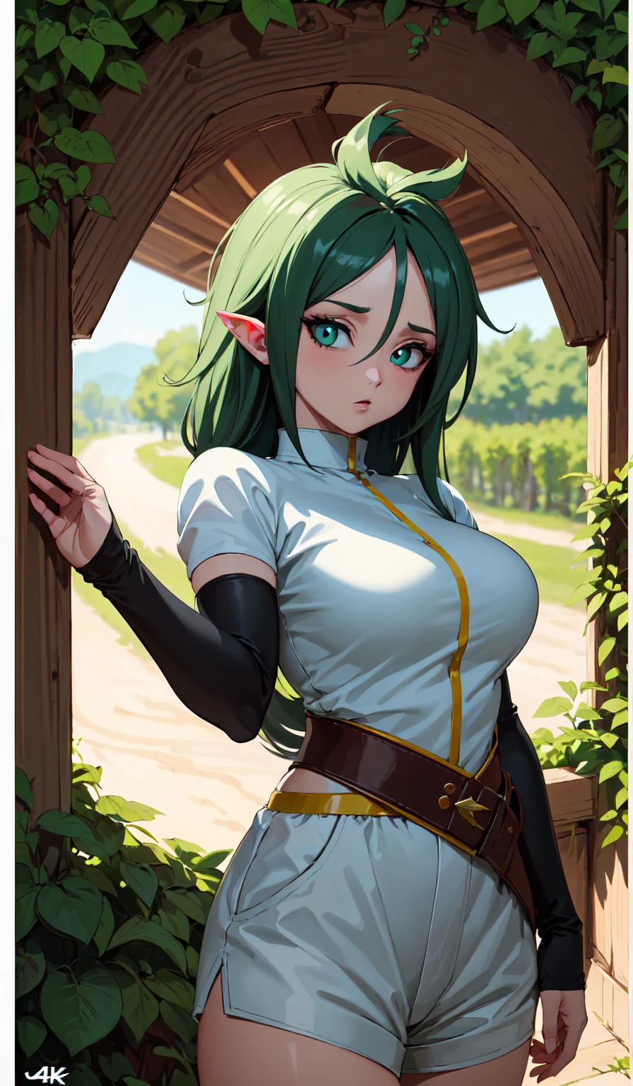 (Best quality,unparalleled masterpiece:1.4),Ultra-detailed 4K CG,(Ultra detailed clear absurdly bright mint big eyes:1.2),Yellow medieval summer girl, concept, vines on the hand and horns from the vines, full length, whole body, magic hunter, white shorts, SFV