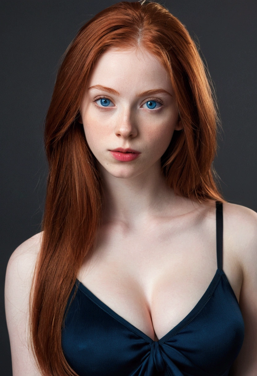 (masterpiece),(best quality:1.0), (ultra highres,), detailed,1girl, 18 years old, face and bust portrait,red hair, long hair, straight hair, blue eyes, pale skin, bold lips, looking at viewer, big breasts,black cami top, cleavage,