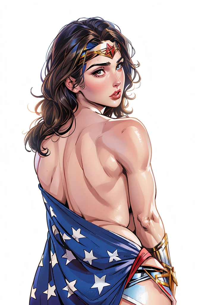 Wonder Woman, Gal Gadot plays Wonder Woman, draped in the United States flag, huge breasts, huge ass, plump and sexy, with Capitol Hill in the background, the White House