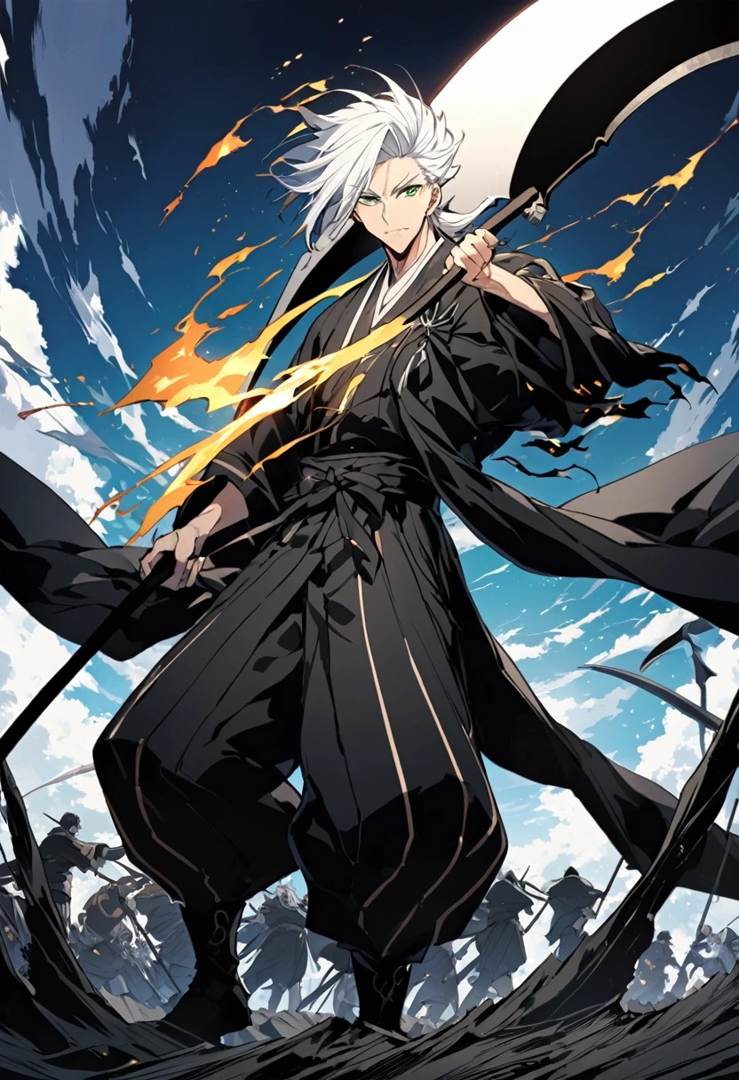 1 young boy, male focus, details Intricate, 1 men, bonitas, White hair, vibrant green eyes, slim muscles, アニメ, 19yearsold, 19 years, a small goatee, kimono de Shinigami, Shinigami, bleach style, bleach, regatta, kimono, bleach, bleach style(black kimono), (perosangaem is releasing all his power, ele é um Shinigami do universo bleach, is releasing your bankai, who turns his sword into a scythe, He is holding this medium sized scythe surrounded by black flames on a vast battlefield, covered in those black flames on his scythe).