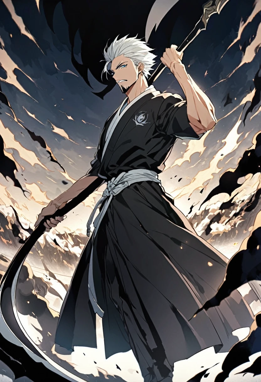 ung boy, male focus, details Intricate, 1 men, bonitas, White hair, vibrant green eyes, slim muscles, アニメ, 19yearsold, 19 years, a small goatee, kimono de Shinigami, Shinigami, bleach style, bleach, regatta, kimono, bleach, bleach style(black kimono), (perosangaem is releasing all his power, ele é um Shinigami do universo bleach, is releasing your bankai, who turns his sword into a scythe, He is holding this medium sized scythe surrounded by black flames on a vast battlefield, covered in those black flames on his scythe).
