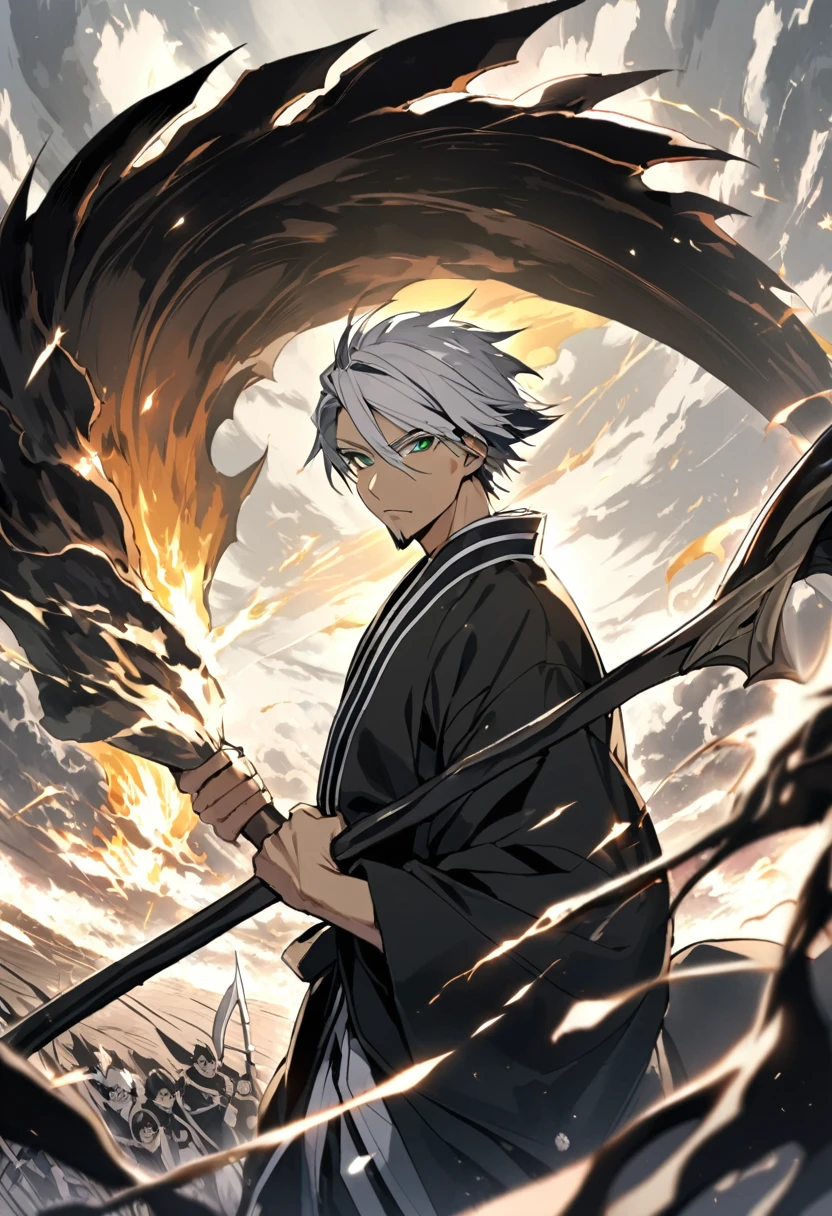 ung boy, male focus, details Intricate, 1 men, bonitas, White hair, vibrant green eyes, slim muscles, アニメ, 19yearsold, 19 years, a small goatee, kimono de Shinigami, Shinigami, bleach style, bleach, regatta, kimono, bleach, bleach style(black kimono), (perosangaem is releasing all his power, ele é um Shinigami do universo bleach, is releasing your bankai, who turns his sword into a scythe, He is holding this medium sized scythe surrounded by black flames on a vast battlefield, covered in those black flames on his scythe).
