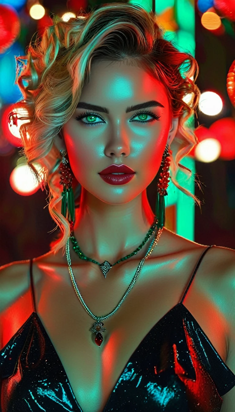 RAW photo, beautiful woman, 20 years old, blonde ((detailed face: 1.2)), light green eyes, ((detailed facial feature, red stone earrings and necklace, detailed skin, fair skin), black and short curly hair (medium body with bioluminicestes tattoos of perfect proportions), perfect hands, (wearing a black dress in red floral) highly detailed, dynamic studio poses, dark background and splashes of colored lights (realistic photo, best quality, detailed), (wallpaper 8k), (cinematic lighting, dramatic lighting) (sharp focus, complex)