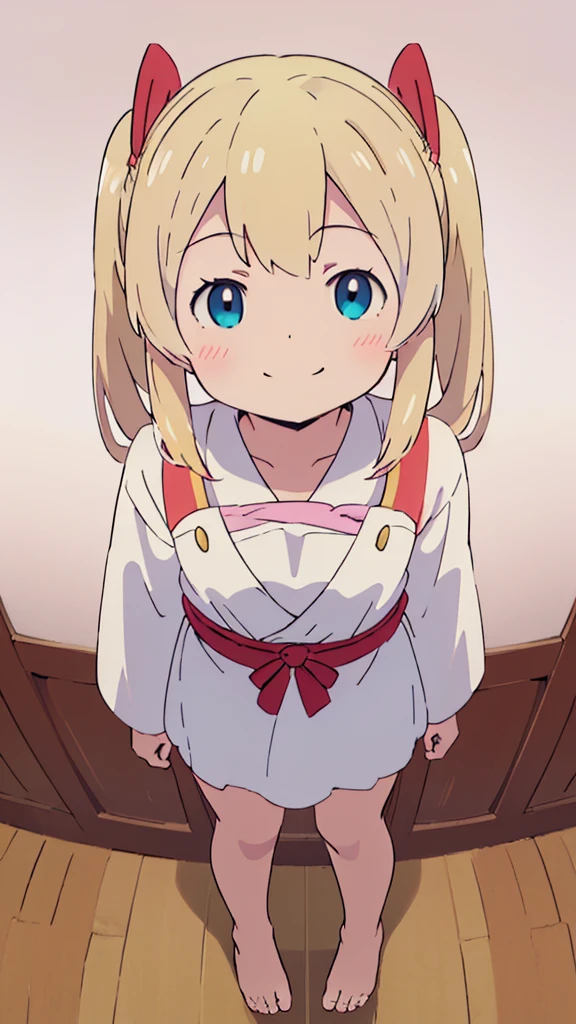 ((masterpiece))((Highest quality))girl、smile、blush、Flat Chest、Are thin、Blonde Hair、blush、Are standing、Whole body image、Even your toes are visible、Eye level on face、front、No background、真frontのアングル、Miko costume、Twin tails、High angle、Fisheye Lens