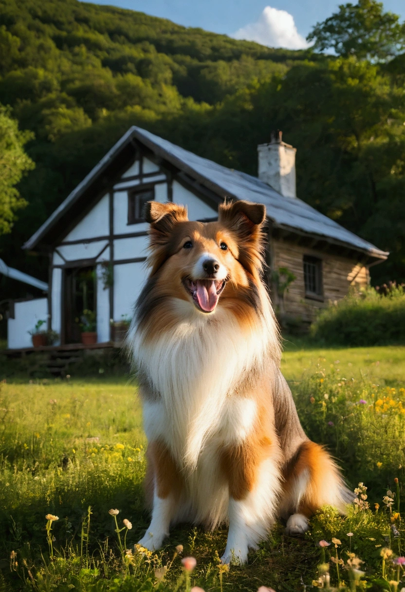 cottage on the meadow.
romance. Loving couple.
sheltie dog love, sun, nature, joy.
hut. chill. man Woman
