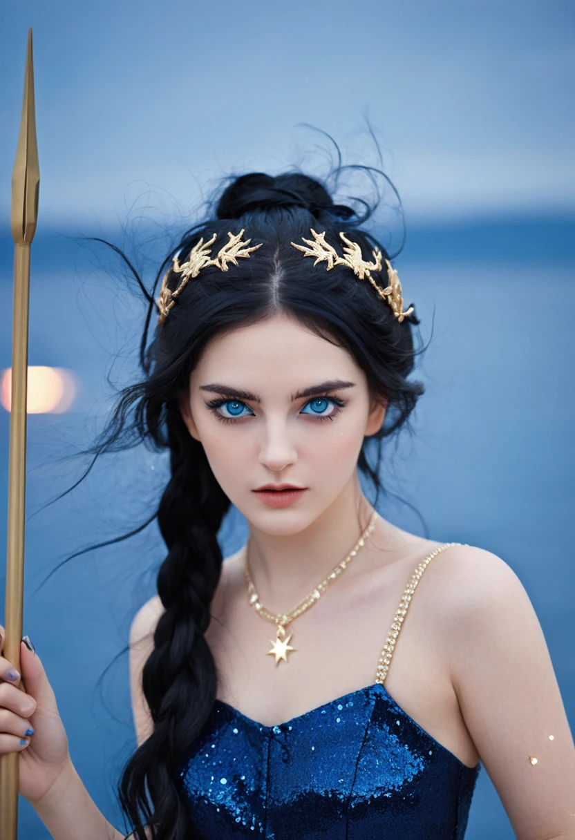 ( high quality , Extremely detailed, careful hand )Constellation-Sagittarius Goddess , Similar to Latin goodness . optimistic, fair, Funny and intelligent face . reckless, Ruthless, impatient, Overconfident style . Deep blue eyes (Eye details) , Dark blue hair,shining , Transparent dress , In the starry sea , whole body , Fire Makeup , Chiron