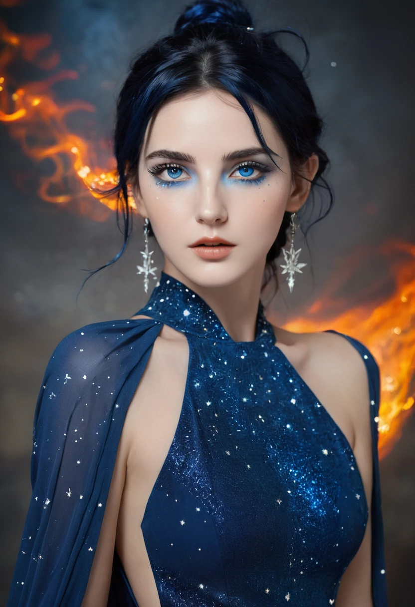 ( high quality , Extremely detailed, careful hand )Constellation-Sagittarius Goddess , Similar to Latin goodness . optimistic, fair, Funny and intelligent face . reckless, Ruthless, impatient, Overconfident style . Deep blue eyes (Eye details) , Dark blue hair,shining , Transparent dress , In the starry sea , whole body , Fire Makeup , Chiron