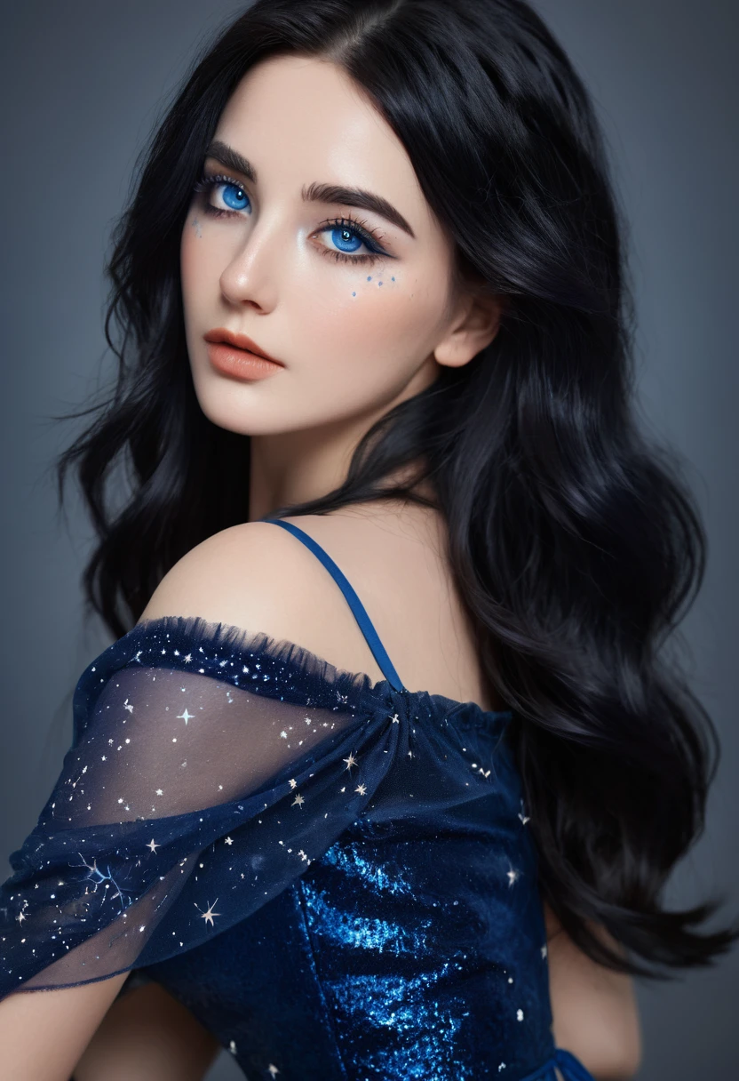 ( high quality , Extremely detailed, careful hand )Constellation-Sagittarius Goddess , Similar to Latin goodness . optimistic, fair, Funny and intelligent face . reckless, Ruthless, impatient, Overconfident style . Deep blue eyes (Eye details) , Dark blue hair,shining , Transparent dress , In the starry sea , whole body , Fire Makeup , Chiron
