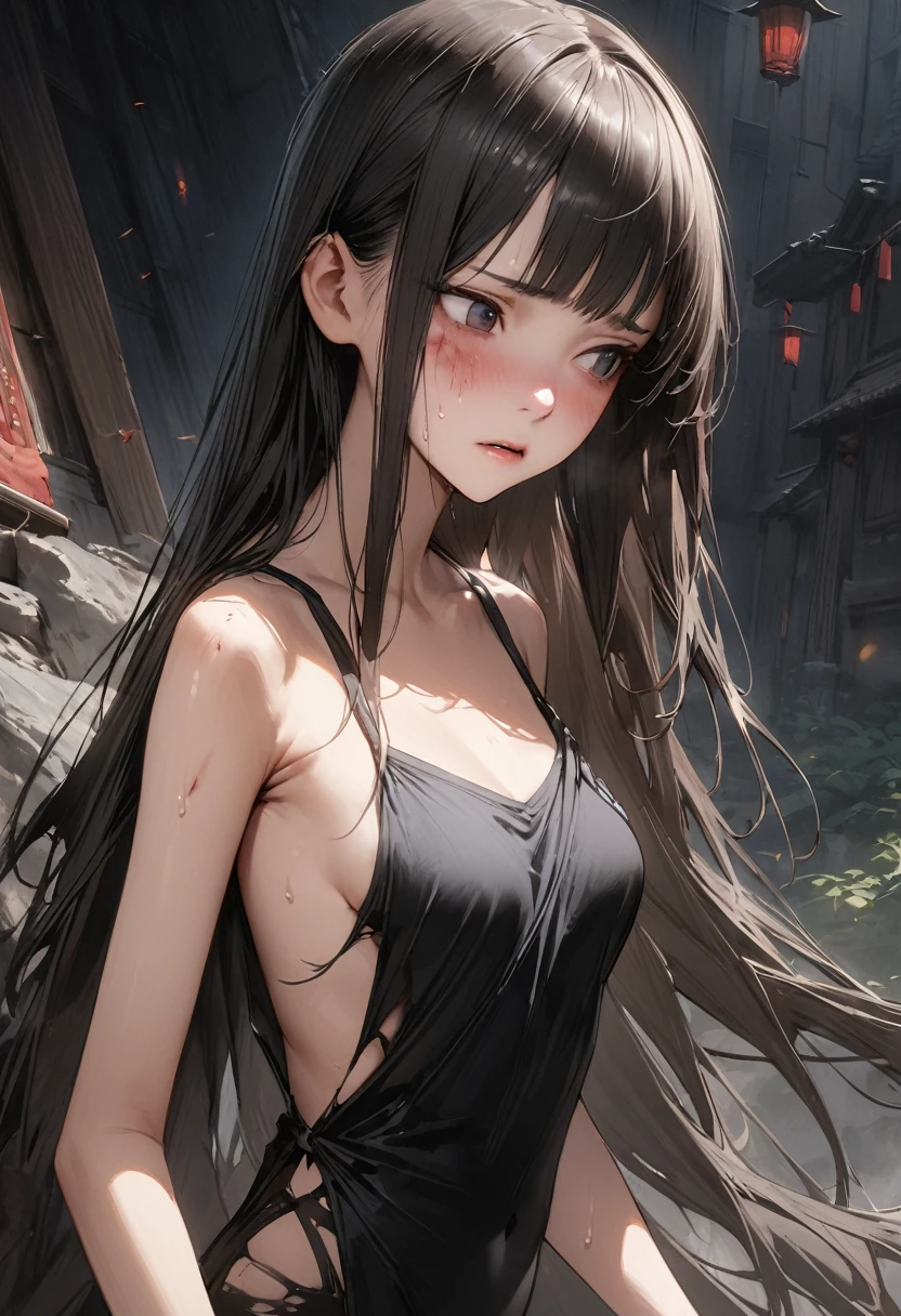 ((masterpiece,Highest quality:1.3,best quality illustration)),realistic,cowboy shot,独奏,1woman,18 year old beauty,black hair,long hair,bangs,black eyes,gorgeous big eyes,((very small head:1.3)),Pain,((very long body:1.2,skinny)),medium breasts,(Injury:1.4)、Torn clothing:1.3、White tube top shirt、navel、(Black pleated mini skirt),Brown leather fingerless gloves、sweat,in heat,gleaming skin,toned body,slender body、kneeling,During a martial arts match、amphitheater、