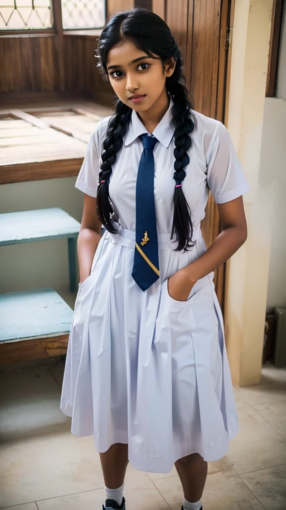 school Mid short dress with side pockets,srilankan beautiful school girl wearing school white uniform has large volume pockets,long tie,putting hands in side pockets pose,standing in the srilankan classroom,big chest pocket,long braid hair,both hands in inside deep pockets for cold,random photography,white shoes and socks,full body view 