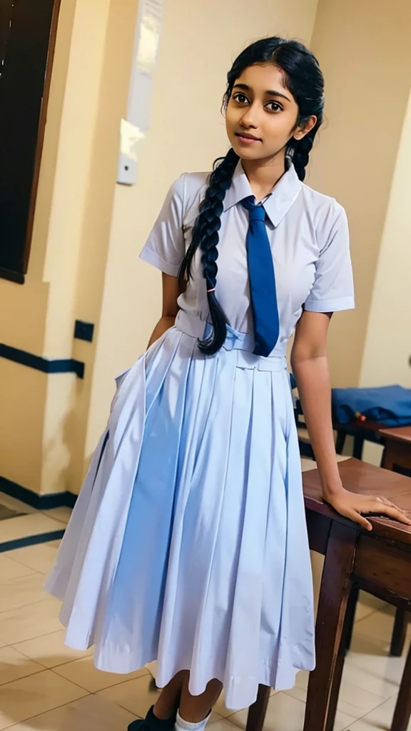 school Mid short dress with side pockets,srilankan beautiful school girl wearing school white uniform has large volume pockets,long tie,putting hands in side pockets pose,standing in the srilankan classroom,big chest pocket,long braid hair,both hands in inside deep pockets for cold,random photography,white shoes and socks,full body view 