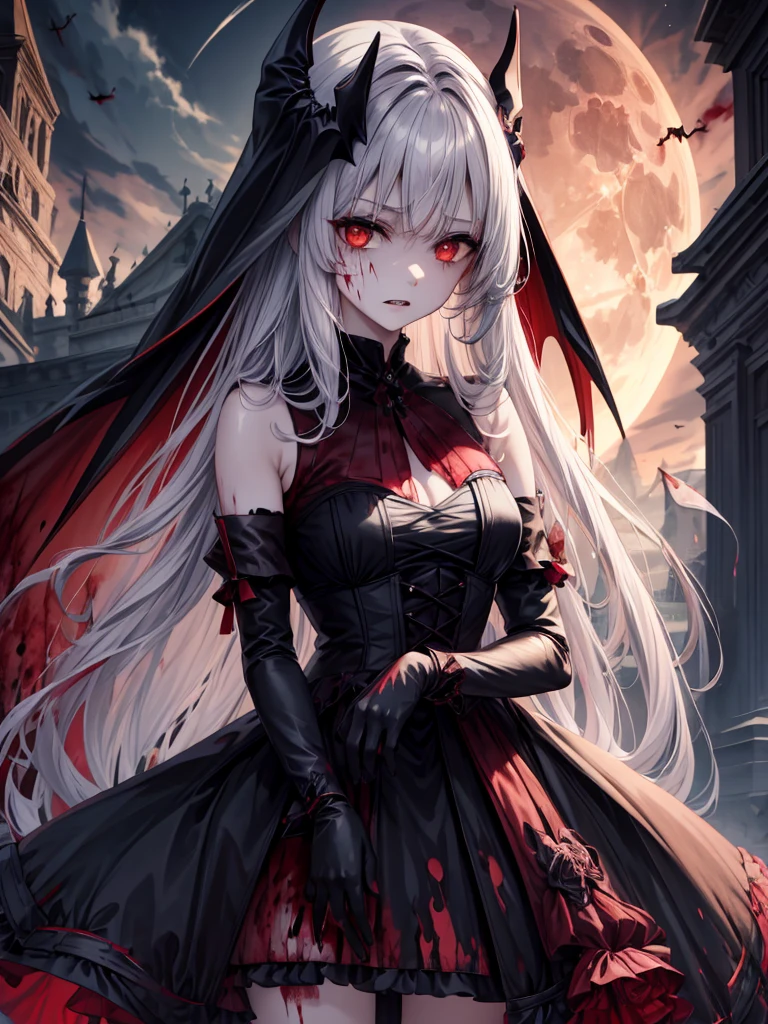 Midnight Cemetery、dawn、Red full moon、darkRedVampire、red and black bat、Red rain、Batware、Put on the bat、Bat Costume、Gothic Dress、Black and white parasol、Fascinating美しさ、Fascinating、Black Rose、skull、Red eyes、八重teeth、teeth、Unnaturally pale skin、Black gloves, (Blood splatter:1.5)