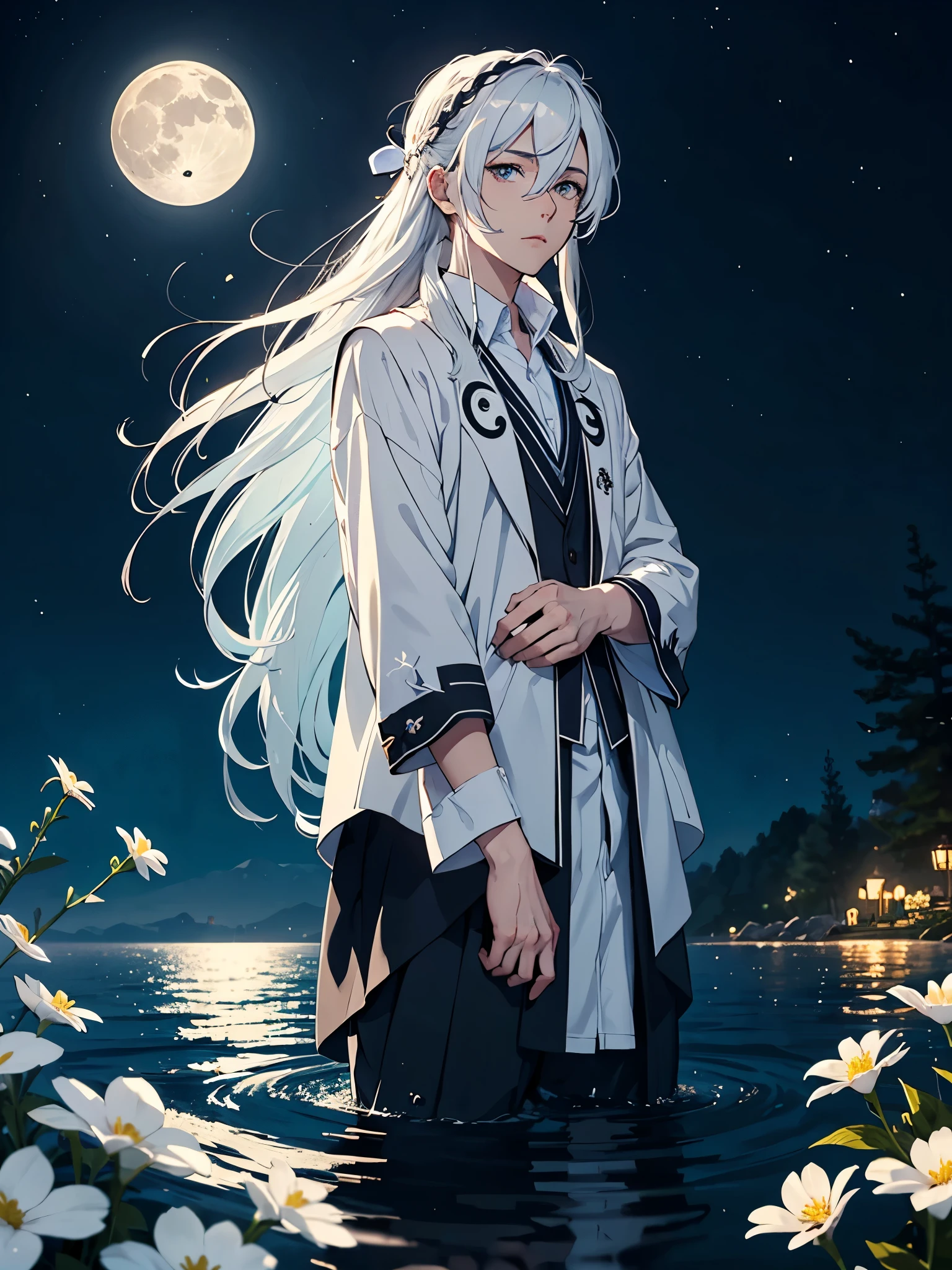 Mit weißen Hasen. More anime. light blue light. Bright bright light. magical. Moon. White flowers. male. Long hair. long white hair. aquatic, boy, God of the Moon, silver hair accessories, White hair.
