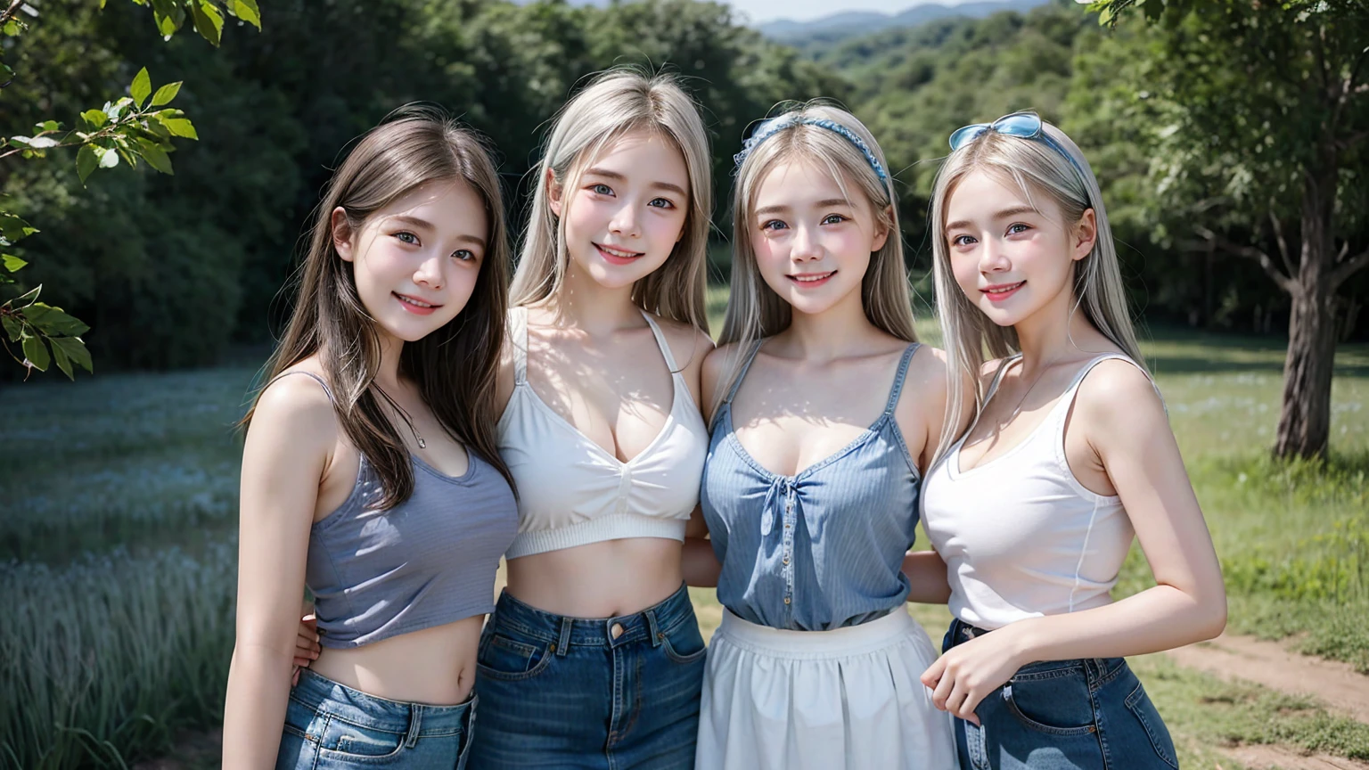 (3 girls), Indonesian , 12 years,white skin, Round breast, blue eyes, meadow, silver hair, 8K, The details are very realistic......, The best of photography Wear a jeans skirt., tank top ((round chest)