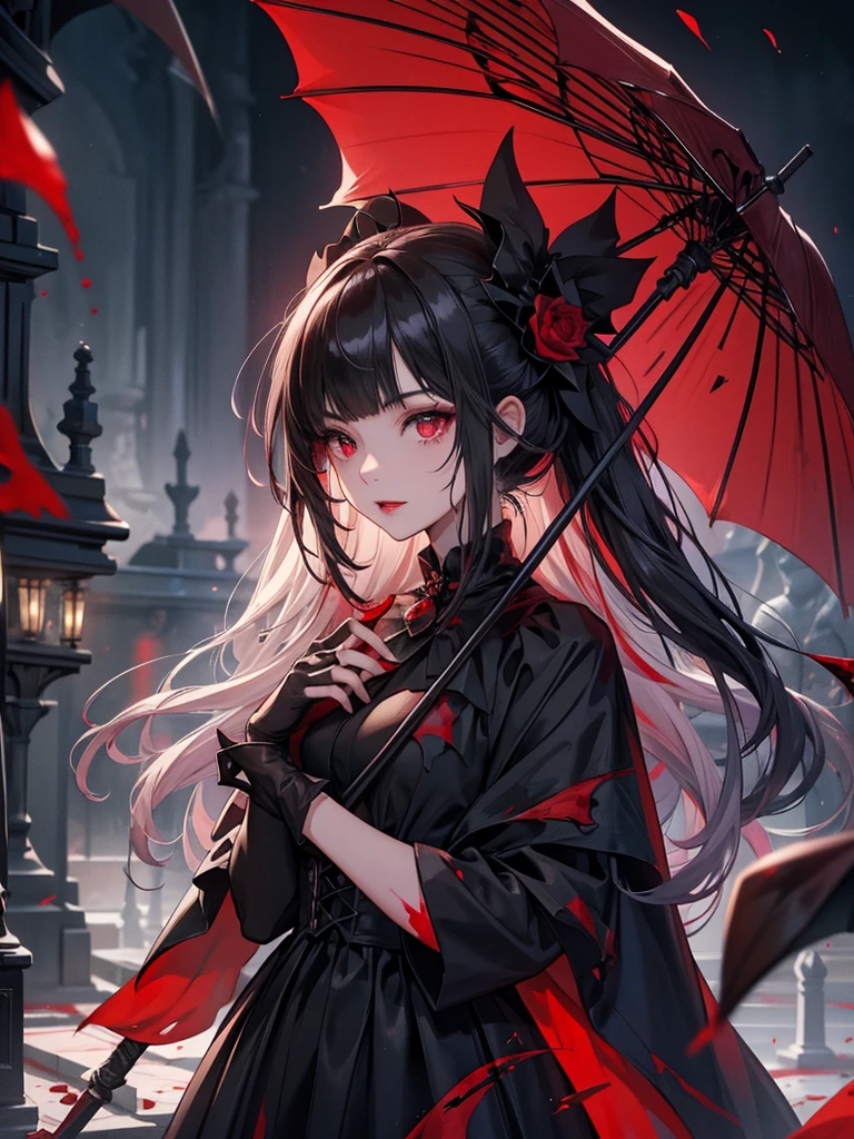 Midnight Cemetery、dawn、Red full moon、darkRedVampire、red and black bat、Red rain、Batware、Put on the bat、Bat Costume、Gothic Dress、Black and white parasol、Fascinating美しさ、Fascinating、Black Rose、skull、Red eyes、八重teeth、teeth、Unnaturally pale skin、Black gloves, (Blood splatter:1.5)