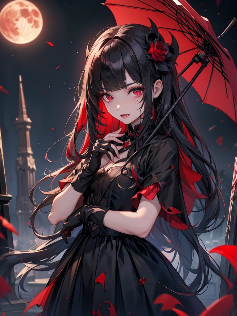 Midnight Cemetery、dawn、Red full moon、darkRedVampire、red and black bat、Red rain、Batware、Put on the bat、Bat Costume、Gothic Dress、Black and white parasol、Fascinating美しさ、Fascinating、Black Rose、skull、Red eyes、八重teeth、teeth、Unnaturally pale skin、Black gloves, (Blood splatter:1.5)