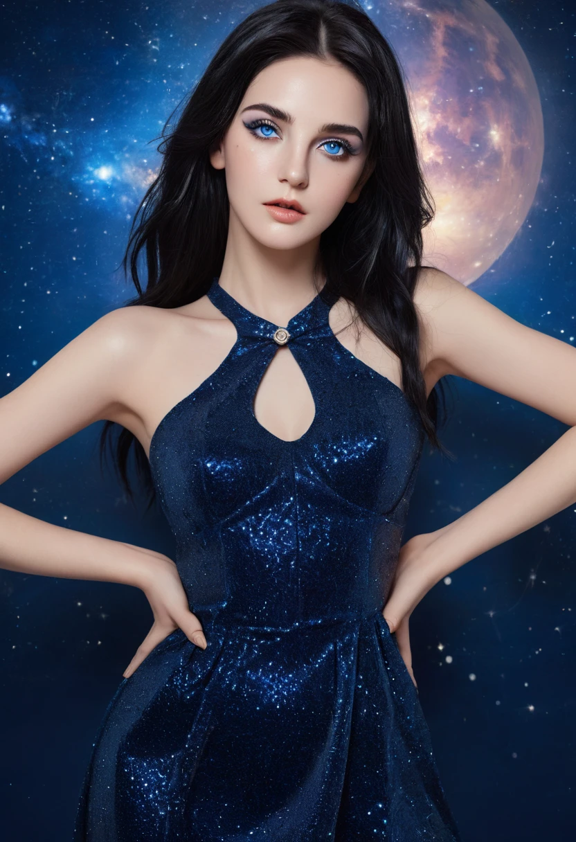 ( high quality , Extremely detailed, careful hand )Constellation-Sagittarius Goddess , Similar to Latin goodness . optimistic, fair, Funny and intelligent face . reckless, Ruthless, impatient, Overconfident style . Deep blue eyes (Eye details) , Dark blue hair,shining , Transparent dress , In the starry sea , whole body , Fire Makeup , Chiron