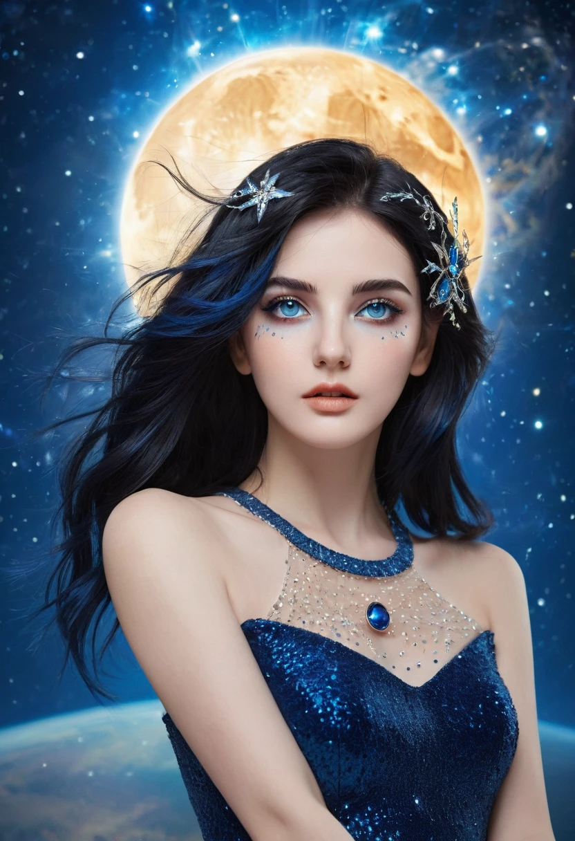 ( high quality , Extremely detailed, careful hand )Constellation-Sagittarius Goddess , Similar to Latin goodness . optimistic, fair, Funny and intelligent face . reckless, Ruthless, impatient, Overconfident style . Deep blue eyes (Eye details) , Dark blue hair，shining , Transparent dress , In the starry sea , whole body , Fire Makeup , Chiron