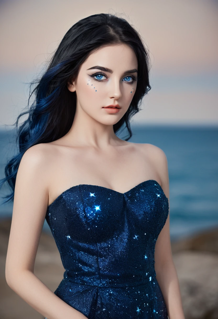 ( high quality , Extremely detailed, careful hand )Constellation-Sagittarius Goddess , Similar to Latin goodness . optimistic, fair, Funny and intelligent face . reckless, Ruthless, impatient, Overconfident style . Deep blue eyes (Eye details) , Dark blue hair，shining , Transparent dress , In the starry sea , whole body , Fire Makeup , Chiron