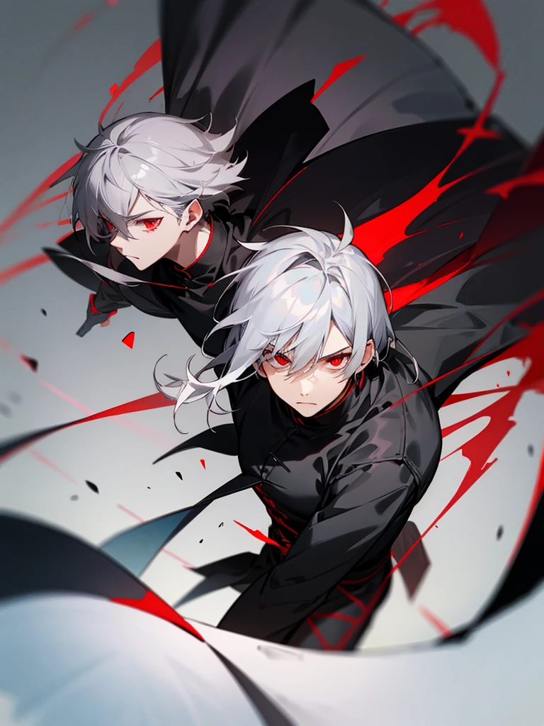 Male character with gray hair and red eyes and black clothes