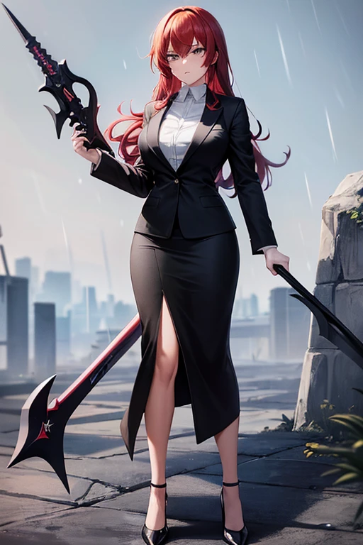 best quality, 1girl, beautiful angry business woman holding a steel sword, black business suit, black midi pencil skirt, black blazer, heels, looking at viewer, full body, long red hair, garden, stone wall, rain