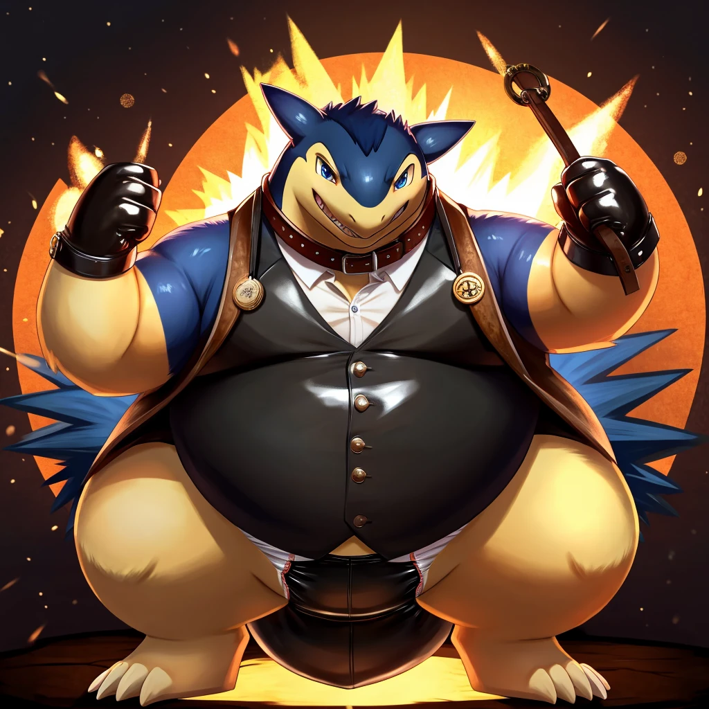 Solo, Male, fat, extremely obese, gentleman, dapper Professor Typhlosion, blue eyes, (posing:1.3), (soft shading), 4k, hi res, ((detailed face, detailed)), looking at viewer, mouth wide open, steampunk, collared shirt with buttons, top hat, male focus, Explorer Outfit, glasses, monocle, vest with buttons, sleeves rolled up, round eyewear, brown headwear, brown vest, Typhlosion is wearing a glossy leather dog collar around the neck, Typhlosion is wearing the leather collar and shirt and vest at the same time, Typhlosion is wearing glossy white rubber gloves on the hands, wearing white rubber gloves on the feet, gloves are rubber in texture, clenching teeth, clenching fists, leather collar is glossy and shiny with a lot of detail, Typhlosion is wearing gloves and leather collar at the same time, leather collar has a round dog-tag, leather collar is thick and detailed, leather collar is glossy and shiny, fancy clothing, dapper vest, dapper shirt, leather collar is thick, glossy leather collar, Typhlosion is wearing a diaper.