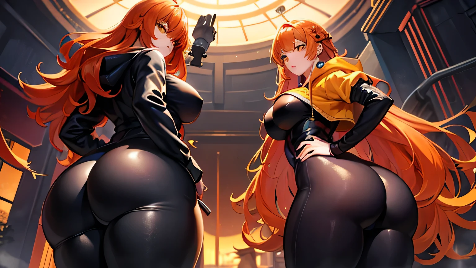masterpiece、top-quality、Movie stills、1 female、Orange hair、Colossal 、Huge ass、Fitting black leggings suit、yellow eyes、thick thighs、Long wavy hair、wide hips、Thigh muscles、Strong thighs、White hoodie 、(Spark:0.7)、eye glass