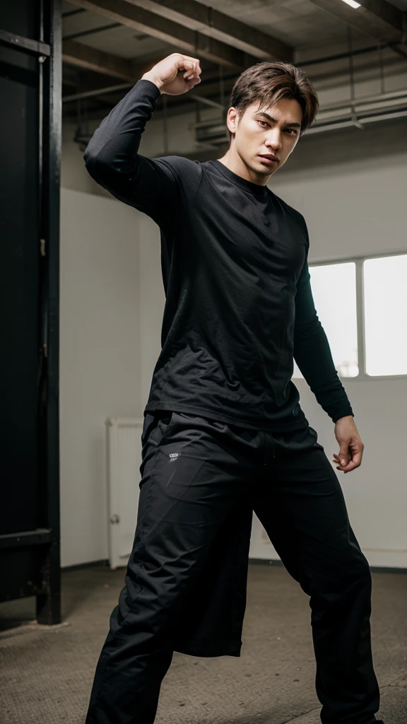 1 man, with black clothes, daily clothes,beautiful, in fighting pose