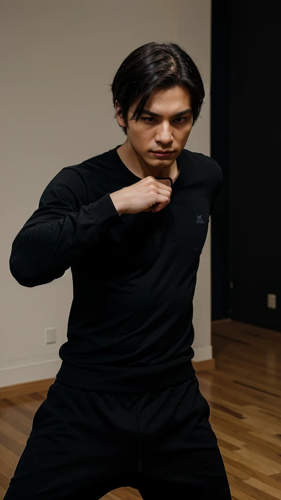 1 man, with black clothes, daily clothes,beautiful, in fighting pose