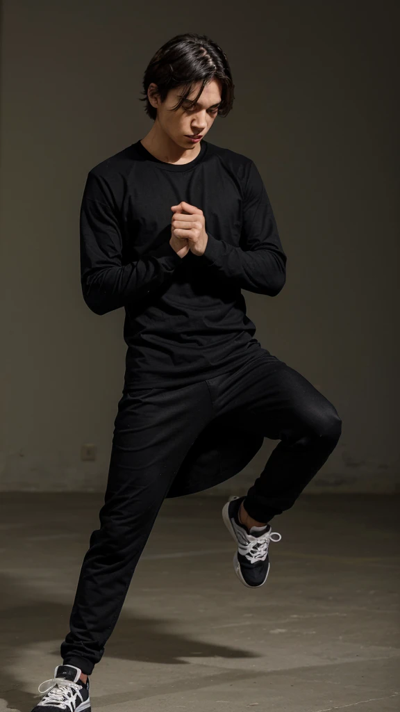 1 man, with black clothes, daily clothes,beautiful, in fighting pose