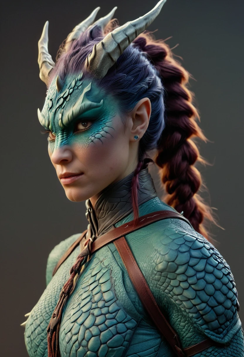 ((full body))Hyperrealistic art female human dragon hybrid, covered in matte scales as skin, extreme close-up, striking reptilian eyes, dragon horns, bald, braided ponytail, exudes confidence and power, sunet, rim lighting, cold colors. style of Don Lawrence, style of (Will Murai:1.2), style of (Greg Rutkowski:0.8), . Extremely high-resolution details, photographic, realism pushed to extreme, fine texture, incredibly lifelike
