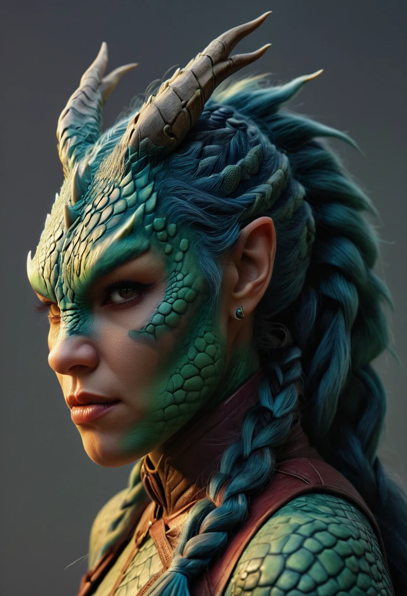 ((full body))Hyperrealistic art female human dragon hybrid, covered in matte scales as skin, extreme close-up, striking reptilian eyes, dragon horns, bald, braided ponytail, exudes confidence and power, sunet, rim lighting, cold colors. style of Don Lawrence, style of (Will Murai:1.2), style of (Greg Rutkowski:0.8), . Extremely high-resolution details, photographic, realism pushed to extreme, fine texture, incredibly lifelike
