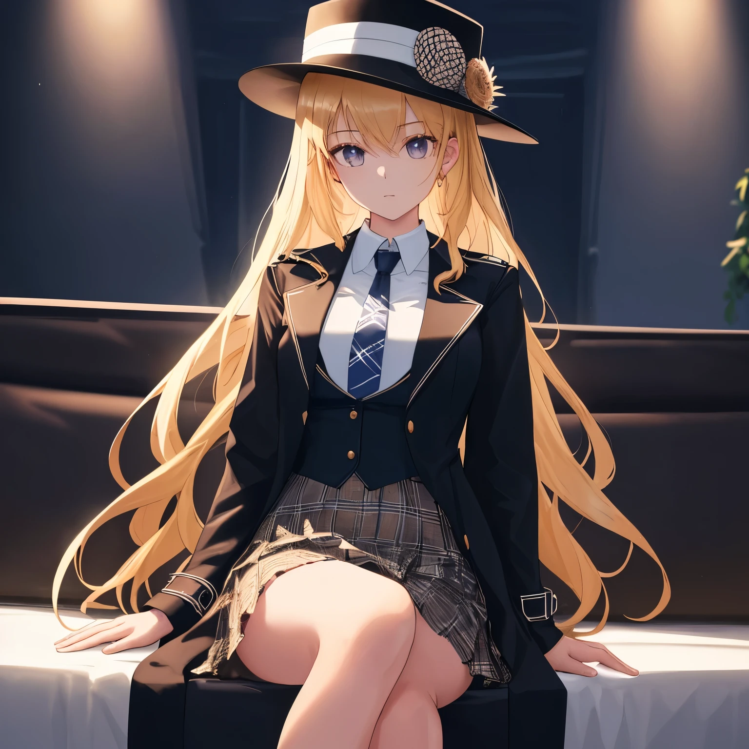 8k, highres, 1girl, 18 years old, beautiful skin texture, ultra detailed face, ultra detailed eyes,( immersive ambience, chiarosscuro, bright light, glow lighting), delicate facial features, black trench coat, white suit, checked skirt, necktie, brown deerstalker hat, sitting on sofa, crossedleg, indoors, High-quality animation style presentation, Beautiful and extremely fine texture, high contrast