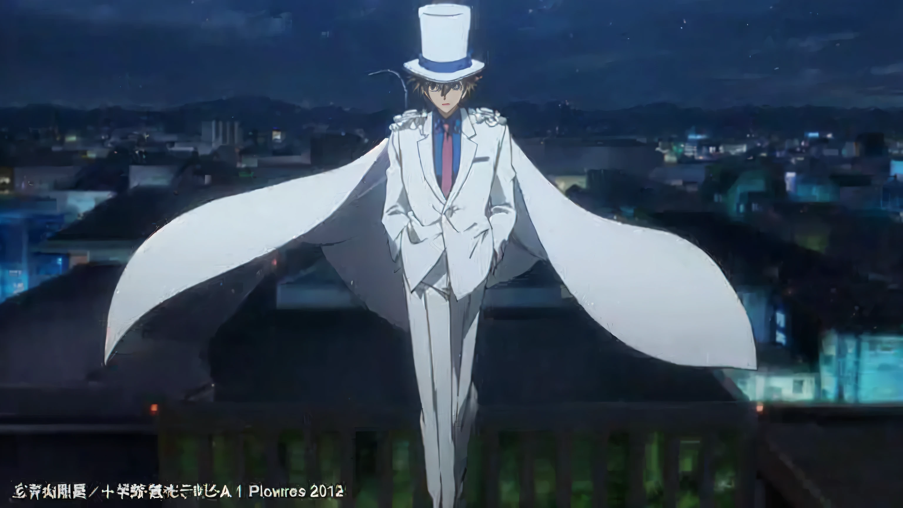 Highest quality、Highest quality、Realistically drawn detailed pictures、A man in a white suit and top hat standing on a roof, In a flowing white tailcoat, In anime movies, Anime stills image, today's featured Anime stills, He is wearing a top hat, official Anime stills, Screenshots from the 2012 anime, Cel-shaded anime, Anime movie screenshots, Anime stills, Boogiepop Phantom