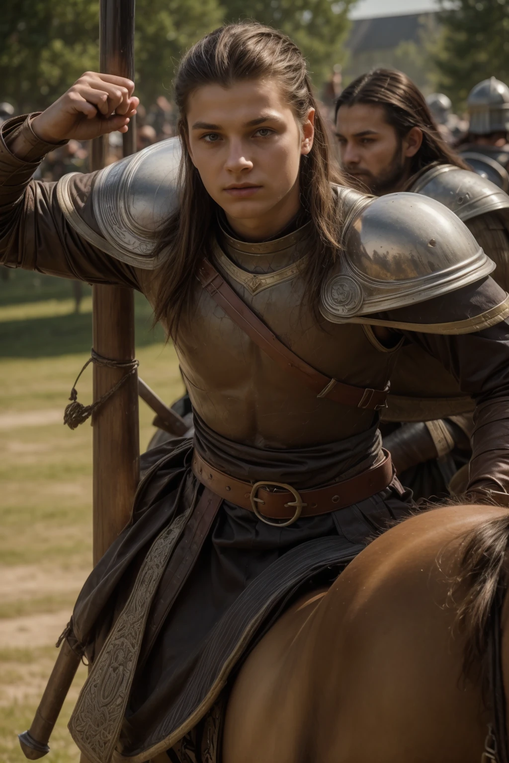 A young male twink with a face with makeup and black hair. He is wearing a Viking war uniform. He is a brave knight riding a horse. He is carrying a weapon and a sword. He is in the battle of war against many armies.