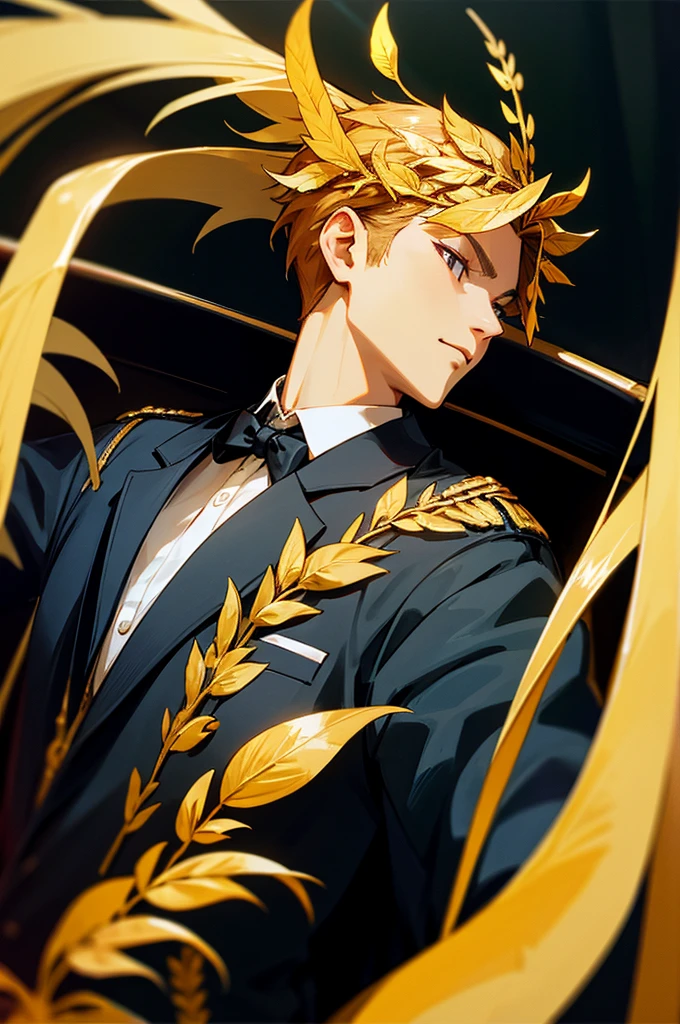 politician in a limousine is wearing golden laurel wreath , max quality, max details 4k,