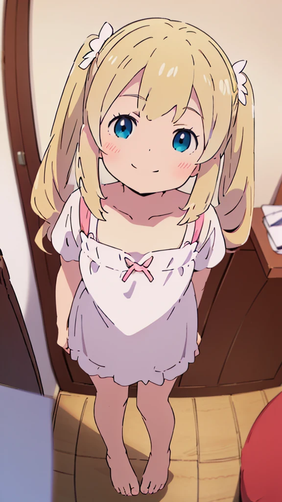 ((masterpiece))((Highest quality))girl、smile、blush、Flat Chest、Are thin、Blonde Hair、blush、Are standing、Whole body image、Even your toes are visible、Eye level on face、front、No background、真frontのアングル、Clothes full of frills、Twin tails、High angle、Fisheye Lens