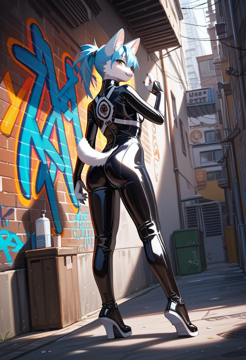 animation, Highest quality, Highest quality, High quality illustrations, masterpiece, Ultra-high resolution, Detailed Background, Alley, Graffiti art on the wall, Absurd, Perfect Anatomy, performance, Good lighting, Shadows in the movies(kemono, Furry PersonifiCation), Cat, White Rubber Suit, latex, neon, neonライト, neonカラー, Bodysuits, Cyber Suit, cyber punk, Turning her back, From the back