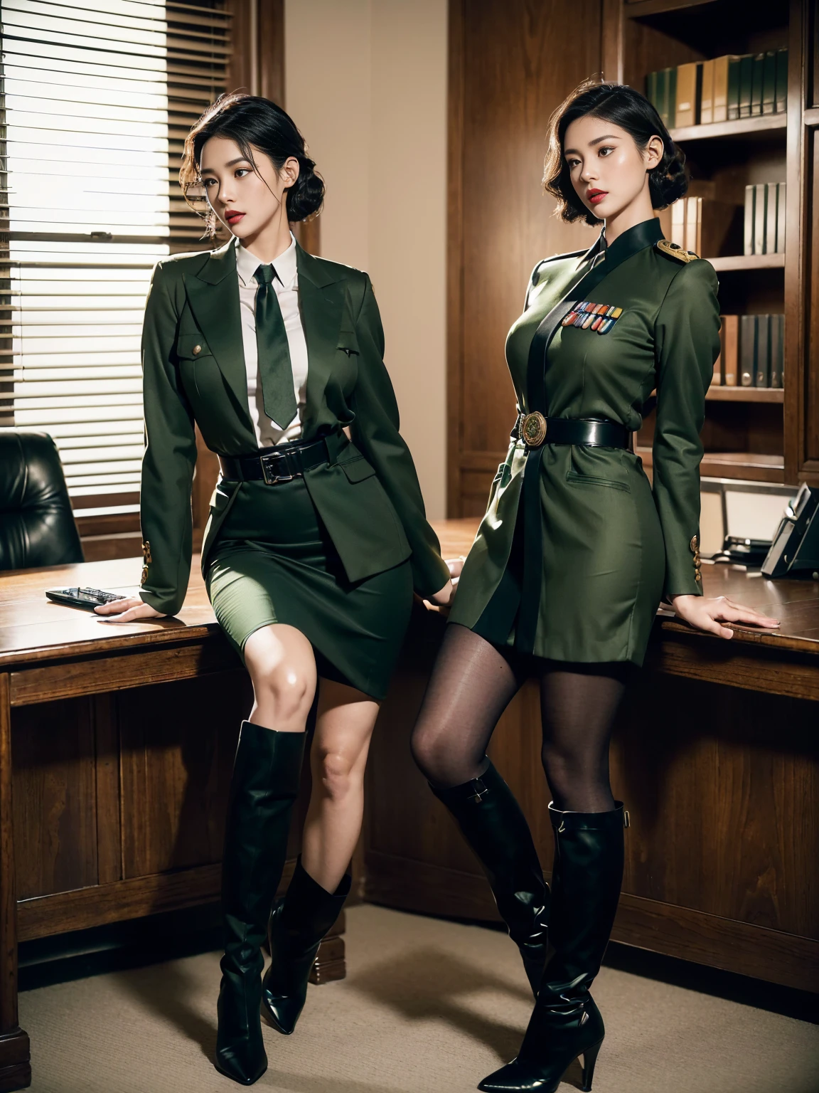 (full body,In the office,a Chinese beauty wearing a uniform,with perfect facial features,hot ass giri,lipstick,red lips,(Retro finger waves),finger waves,Deep olive green tight fitting wool jacket,a brown-green shirt,wearing (Black uniform tie),Deep Olive Green Wool Pencil Skirt,(Black high heeled knee high boots),full body,Sitting in front of the computer,sitting in an office chair,making phone calls,(Her boyfriend is standing across from her,) a girl,a boy,full body,office,night,bright lighting,Best quality,masterpiece,ultra highs,(photosensitive:1.4),8k portal of beautiful,integrated,elegantly,highly detailed,Majestic,art by artwork and run jia and greg rutkowski,(masterpiece, sidelighting, finely detailed beautiful eyes:1.2),HDR,Detailed background,military_uniform,telephone microphones hanging under the desk,telephone,