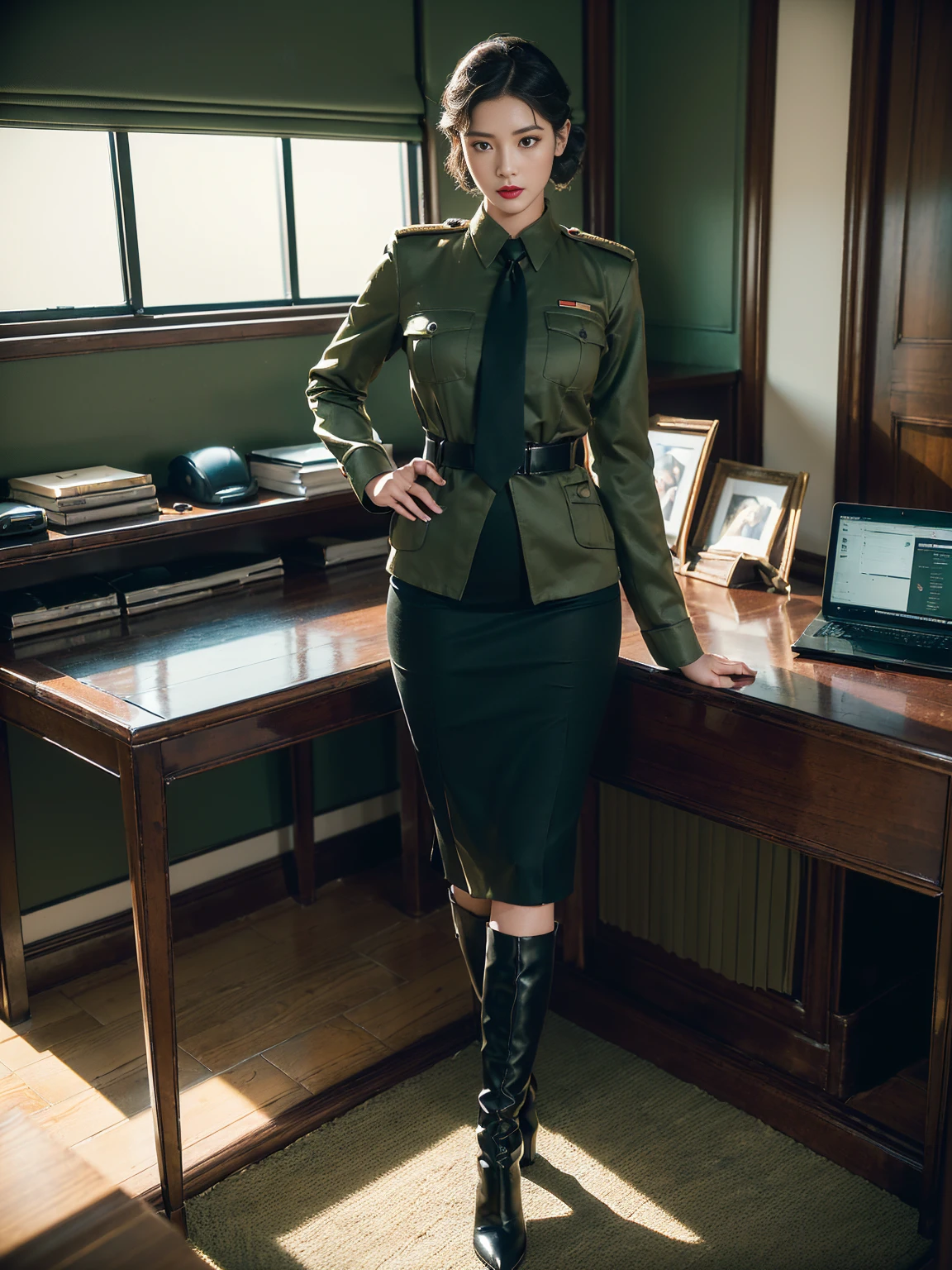 (full body,In the office,a Chinese beauty wearing a uniform,with perfect facial features,hot ass giri,lipstick,red lips,(Retro finger waves),finger waves,Deep olive green tight fitting wool jacket,a brown-green shirt,wearing (Black uniform tie),Deep Olive Green Wool Pencil Skirt,(Black high heeled knee high boots),full body,Sitting in front of the computer,sitting in an office chair,making phone calls,(Her boyfriend is standing across from her,) a girl,a boy,full body,office,night,bright lighting,Best quality,masterpiece,ultra highs,(photosensitive:1.4),8k portal of beautiful,integrated,elegantly,highly detailed,Majestic,art by artwork and run jia and greg rutkowski,(masterpiece, sidelighting, finely detailed beautiful eyes:1.2),HDR,Detailed background,military_uniform,telephone microphones hanging under the desk,telephone,