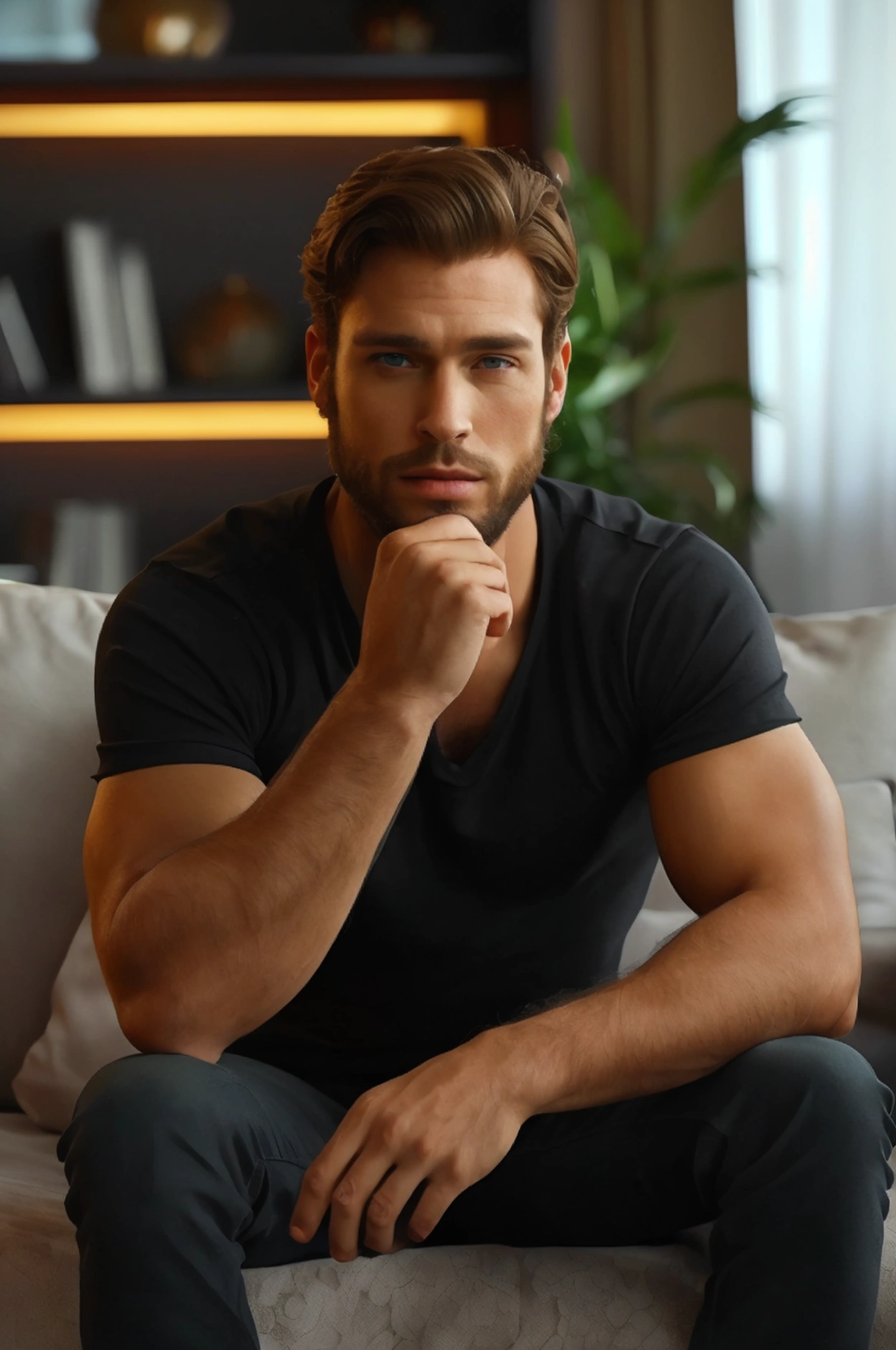 full body, Realistic photo of solo handsome men ,Standing In living room