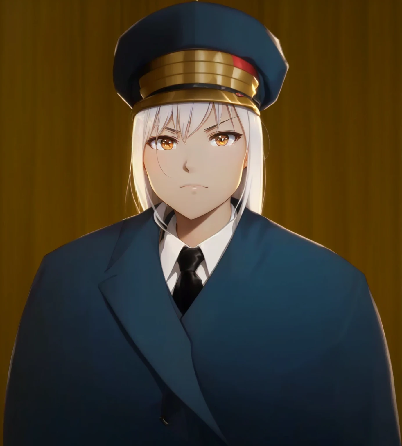 Female, (1girl:1.5), (exceptional, best aesthetic, new, newest, best quality, anime, waifu:1.2), keep the hat like the original, master piece, best quality, ultra detailed, absurdres, highres, colored, good anatomy, long silver hair, brown eyes, serious face, woman breast, sexy, plain bright blue coat, no shirt button, white inside shirt, peak cap, black tie,