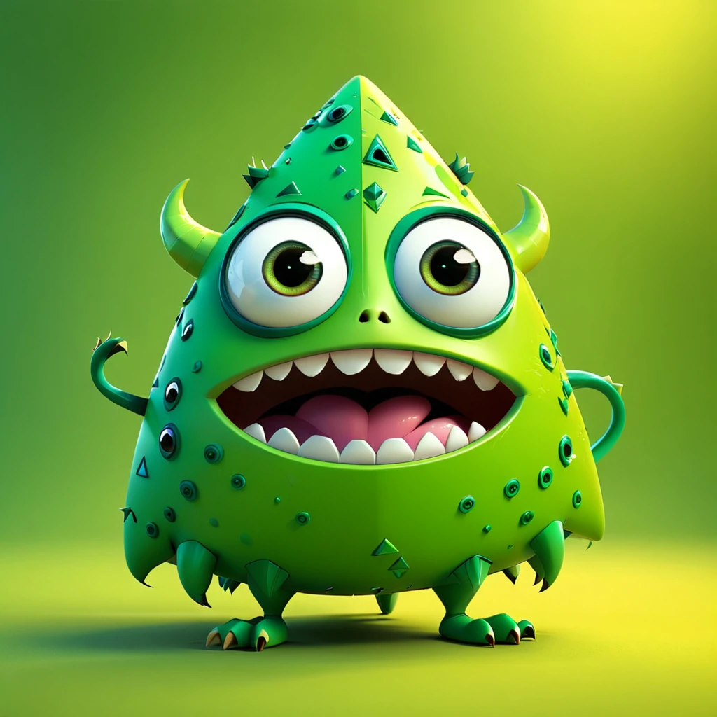 [Triangle]
A cute triangular monster with big eyes and three sharp corners. The cartoon character is designed in the style of Pixar animation studio, created using C4D software. It has an adorable green color scheme and showcases a playful expression through a speech bubble. This vibrant scene adds humor to your mobile phone wallpaper. --ar 1:1 --v 6.0 3D render