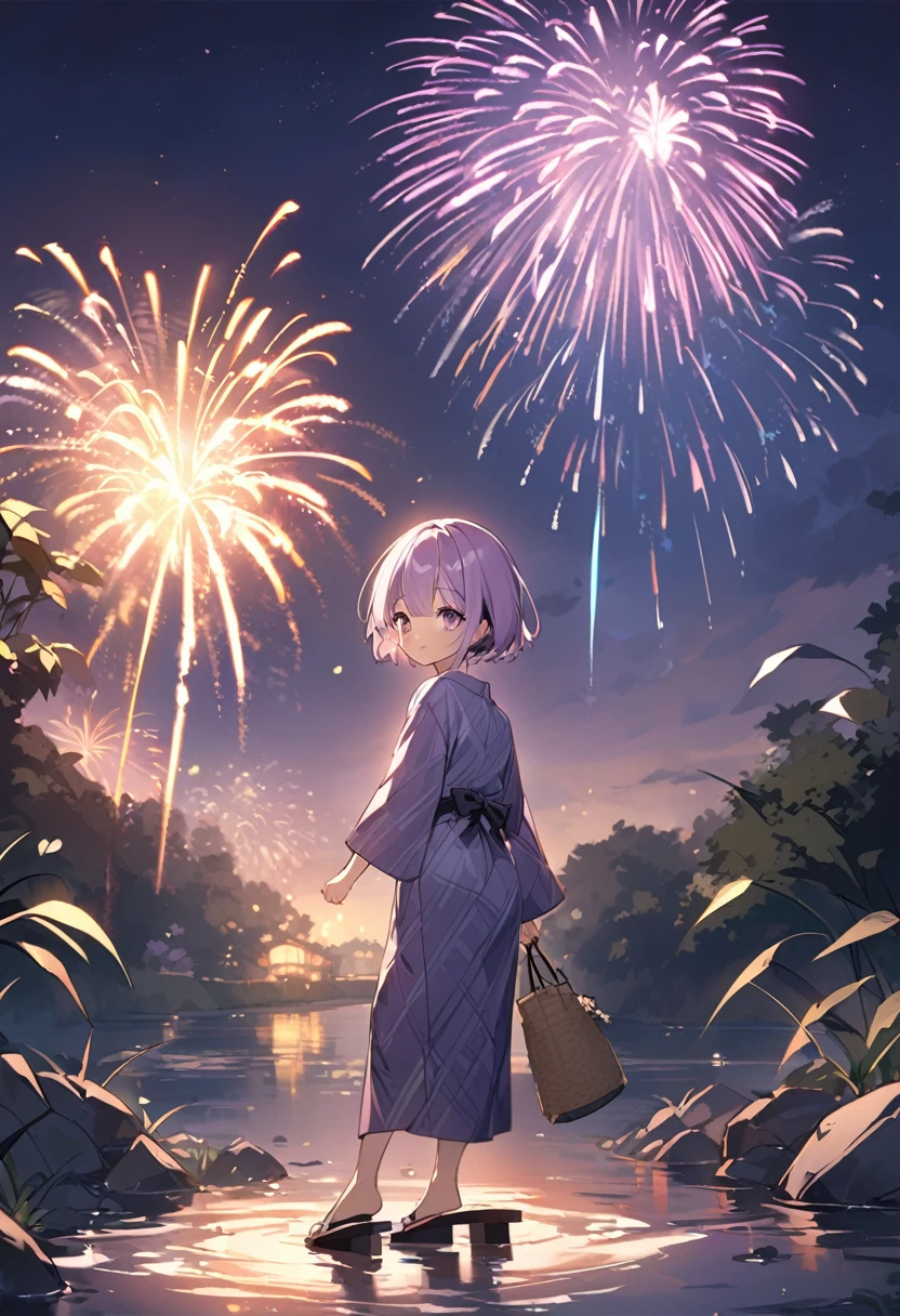 Kate。Purple Eyes。Light purple hair。Purple Yukata。geta。short hair。Riverbank。firework