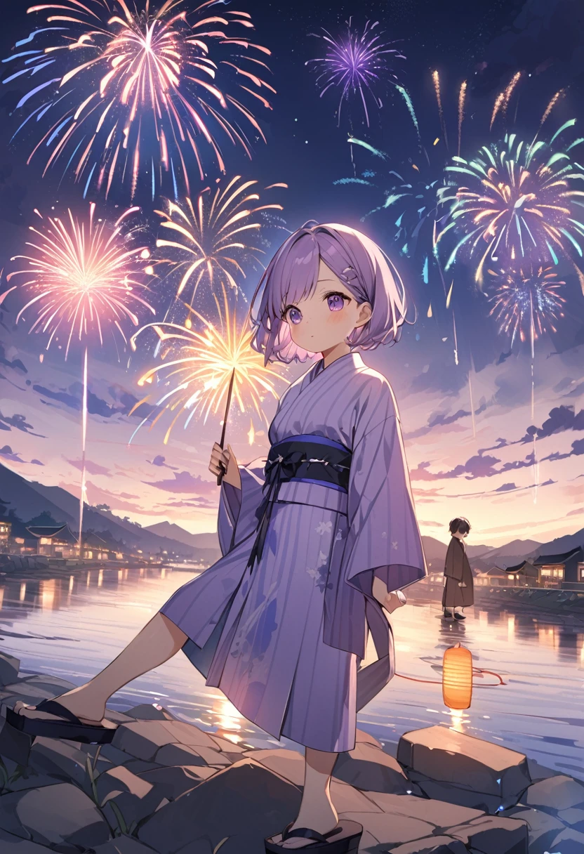 Kate。Purple Eyes。Light purple hair。Purple Yukata。geta。short hair。Riverbank。firework