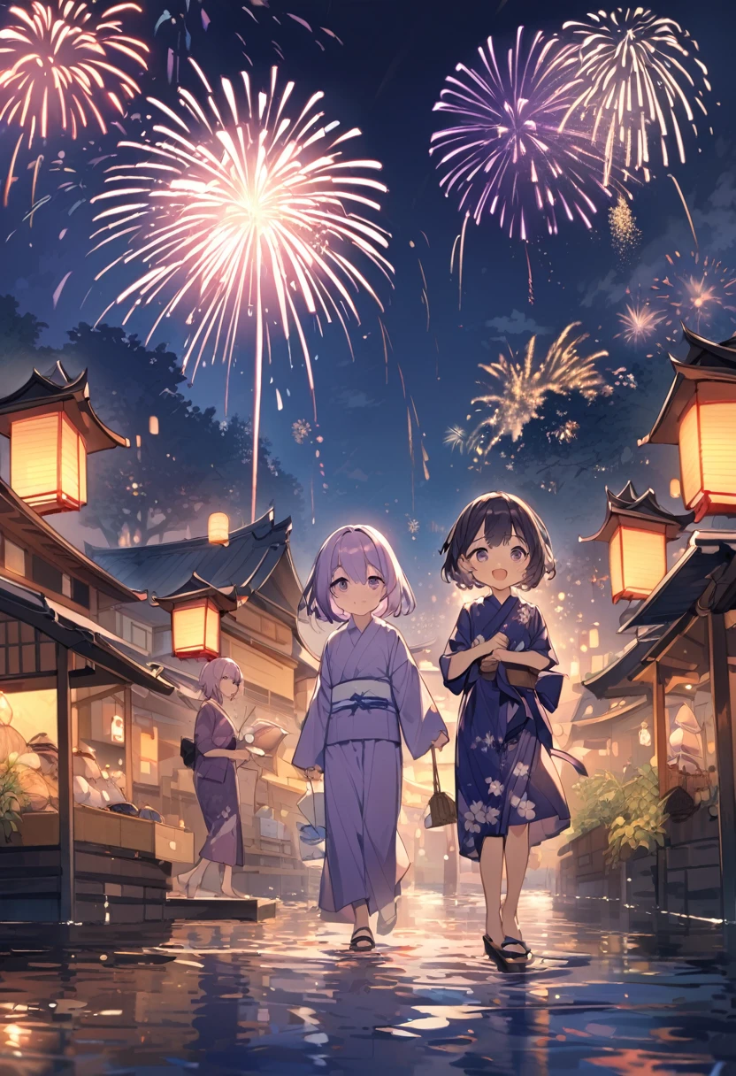 Kate。Purple Eyes。Light purple hair。Purple Yukata。geta。short hair。Riverbank。firework