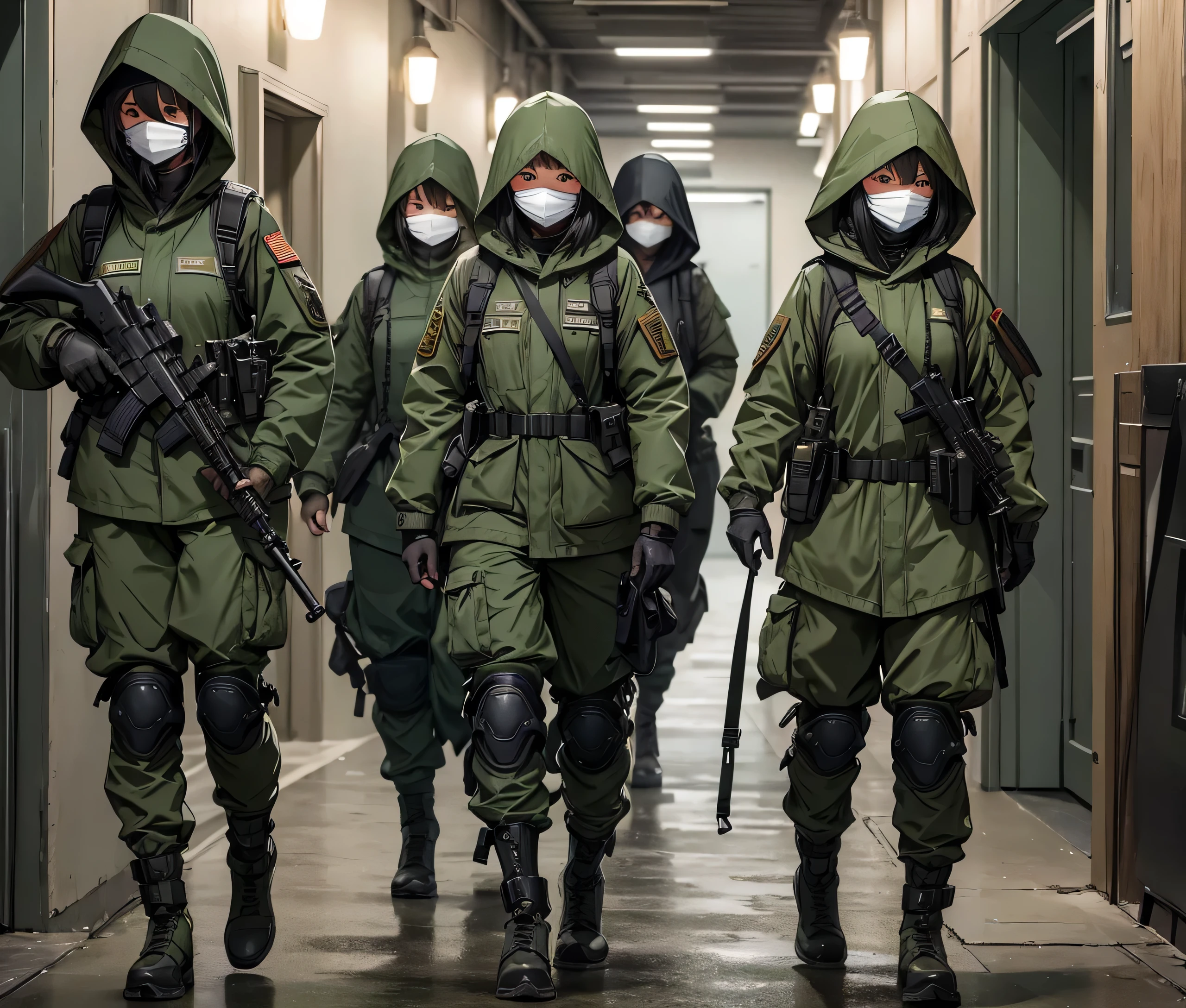 A group of female soldiers with their faces covered，All wear dark green M-51 hooded military uniforms、Hooded on head、Magazine Pouch、Military Pants、Knee pads，Interior corridors、Write details、masterpiece、best quality、Highly detailed CG、8K picture quality