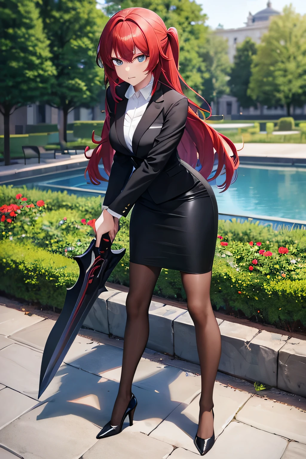 best quality, 1girl, angry business woman holding a steel sword, black business suit, black midi pencil skirt, black blazer, heels, looking at viewer, full body, long red hair, garden, stone wall